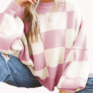 Pull ample à col rond en tricot à motif écossais pour femme, haut en tricot ample à col rond à motif écossais, haut d'extérieur pour femme - Product Image 2