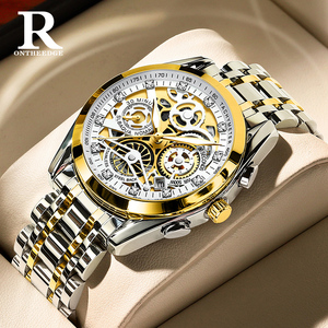 Montres pour hommes de la marque ONTHEEDGE, marque haut de gamme, montre à quartz originale étanche pour homme, style squelette doré, 24 heures jour et nuit - Product Image 2