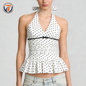 Blusa sin mangas con cuello halter de lunares y encaje para mujer, con cintura fruncida personalizada, dobladillo con volantes y detalle de lazo, estilo casual para vacaciones - Product Image 1