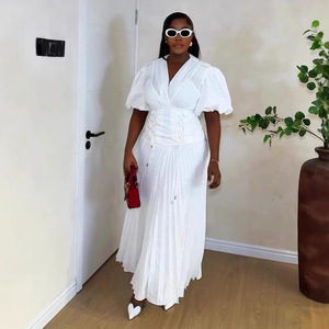 Vestido Casual Blanco con Cuello en V para Mujer, con Cordones en la Parte Delantera, Talla Grande, Tipo Bata, Maxi Vestido, Tallas S-2XL - Product Image 1