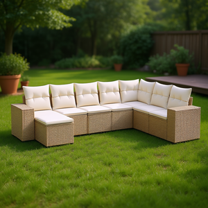 ชุดโซฟาหวายสีเบจทันสมัยสำหรับสวน เฟอร์นิเจอร์กลางแจ้ง ดีไซน์แบบโมดูลาร์ที่สะดวกสบาย พร้อมเบาะโฟมความหนาแน่นสูง สไตล์ร่วมสมัย - Product Image 2
