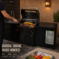 Station de barbecue au charbon de bois 3-en-1 personnalisée en acier inoxydable noir, îlot de cuisson extérieur mobile avec réfrigérateur et évier pour jardin