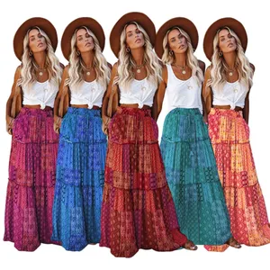 2022 New Fashion Plaid Print Maxi Ladies Long Skirt Bohemian Fashion Style Elegant Casual Tiered Womens Bohemian MaXI Skirts