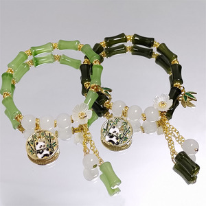 Pulseras <span class=keywords><strong>de</strong></span> Cuentas <span class=keywords><strong>de</strong></span> Bambú Verde <span class=keywords><strong>Chino</strong></span>, Imitación <span class=keywords><strong>de</strong></span> <span class=keywords><strong>Jade</strong></span>, con Dijes <span class=keywords><strong>de</strong></span> Hoja <span class=keywords><strong>de</strong></span> Panda y Flor, Borla Hecha a Mano, Pulsera Elástica para Mujer y Niña - Product Image 2