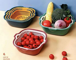 6-piece Set Double-layer Plastic Vegetable Fruit Kitchen Drain <b>Basket</b> Multi-functional Square Wash Drain for Food Use Camping - Product Image 4