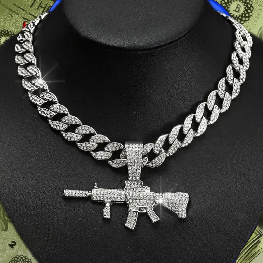 Hip hop diamond-encrusted gun pendant Hipster accessory Necklace personality full of diamond-alloy gun
