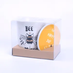 Home decor items European style bee design 18oz jumbo porcelain white coffee mug with ceramic coaster set