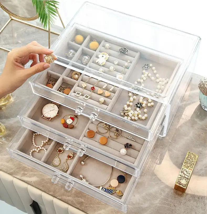 Boîte à bijoux en acrylique transparent, simple, à bas prix, d'usine, différents tiroirs, organisateur de bijoux en velours