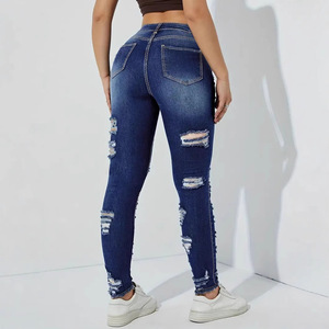 Jeans Ajustados de Cintura Alta Estilo Europeo Americano para Mujer, Mezclilla Transpirable, Casuales, Rectos, Desgastados, Elásticos - Product Image 3