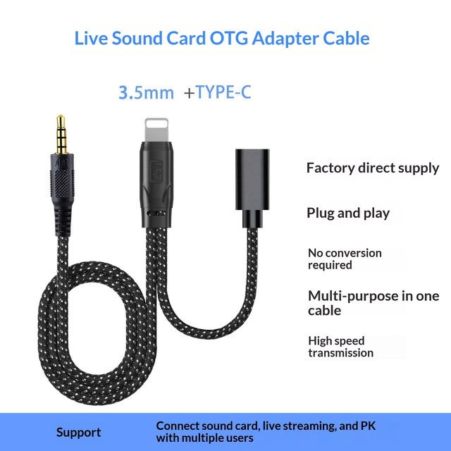 Type C OTG Audio Cable for iPhone Computer Nylon/PVC Pure Copper Conductor Aluminum Alloy Live Streaming Sound Card Accessory