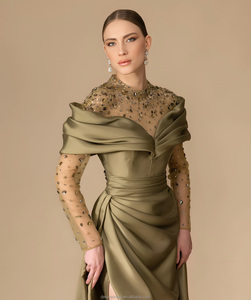 MD50096 elegante abito da sera <span class=keywords><strong>lungo</strong></span> in raso <span class=keywords><strong>verde</strong></span> <span class=keywords><strong>con</strong></span> maglia di cristallo in rilievo e grazioso abito formale a fessura per ospite di nozze di Gala - Product Image 2