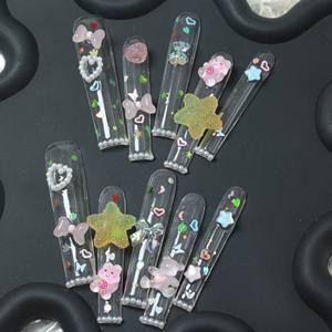 Uñas postizas de lujo con gotas de agua acrílicas rosas, cobertura completa, hechas a mano, con pedrería dibujada a mano, precio de fábrica. - Product Image 2