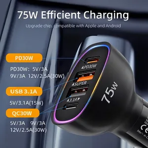 75W Type C Car Charger <b>Adapter</b> 4 Ports Fast Charging Auto <b>Power</b> <b>Adapter</b> Bilateral Shrapnel Stable Contact Colorful LED <b>Ring</b> - Product Image 5