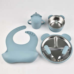 Nuevos <span class=keywords><strong>Productos</strong></span> para Niños, Juego de Alimentación Infantil de Silicona y Acero Inoxidable 304, Tenedor, Cuchara, Pajita, Vaso Antiderrames, Tazón de Comida, Plato con Succión - Product Image 6