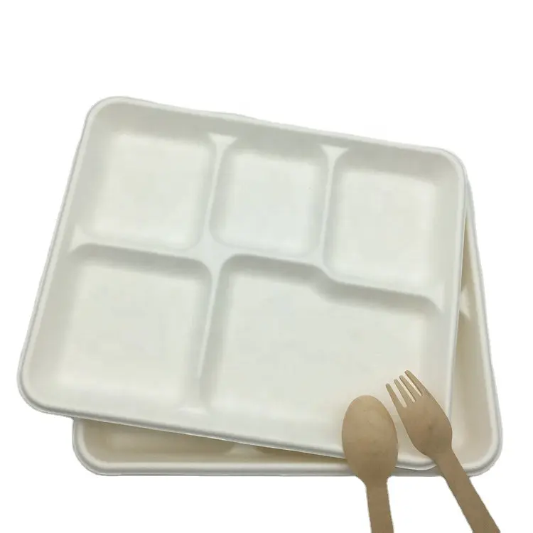 5 Compartment Biodegradable Rectangle Recycled Sugarcane Bagasse Plate