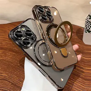 <span class=keywords><strong>Coque</strong></span> de téléphone support magnétique pliable transparent de luxe <span class=keywords><strong>pour</strong></span> <span class=keywords><strong>iPhone</strong></span> 16 15 14 <span class=keywords><strong>13</strong></span> 12 Pro Max Protection complète de l'objectif placage antichoc couverture arrière - Product Image 4