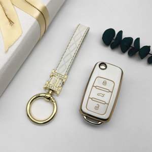 Vente chaude, coque de clé de voiture en TPU à 3 boutons avec bordure dorée pour VW Skoda <span class=keywords><strong>Das</strong></span> <span class=keywords><strong>Auto</strong></span> Polo Golf Vento 6, accessoires pour voiture - Product Image 2