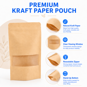 Sacs en papier kraft refermables de qualité alimentaire avec fenêtre transparente, pochettes autoportantes pour grains de café, noix, thé, en-cas - Product Image 2