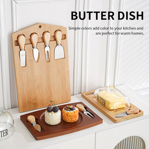 Juego de tabla de cortar de madera maciza para picar pan, fruta, Pizza, bistec, queso con cuchillo de bambú y tenedores, caja de mantequilla de vidrio rectangular - Product Image 4