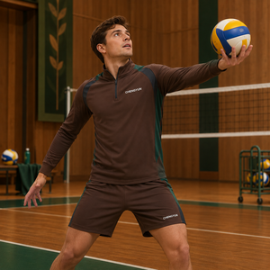 Ensemble personnalisé de maillot et short d'entraînement de volley-ball d'automne avec demi-zip et tissu brossé - Product Image 6