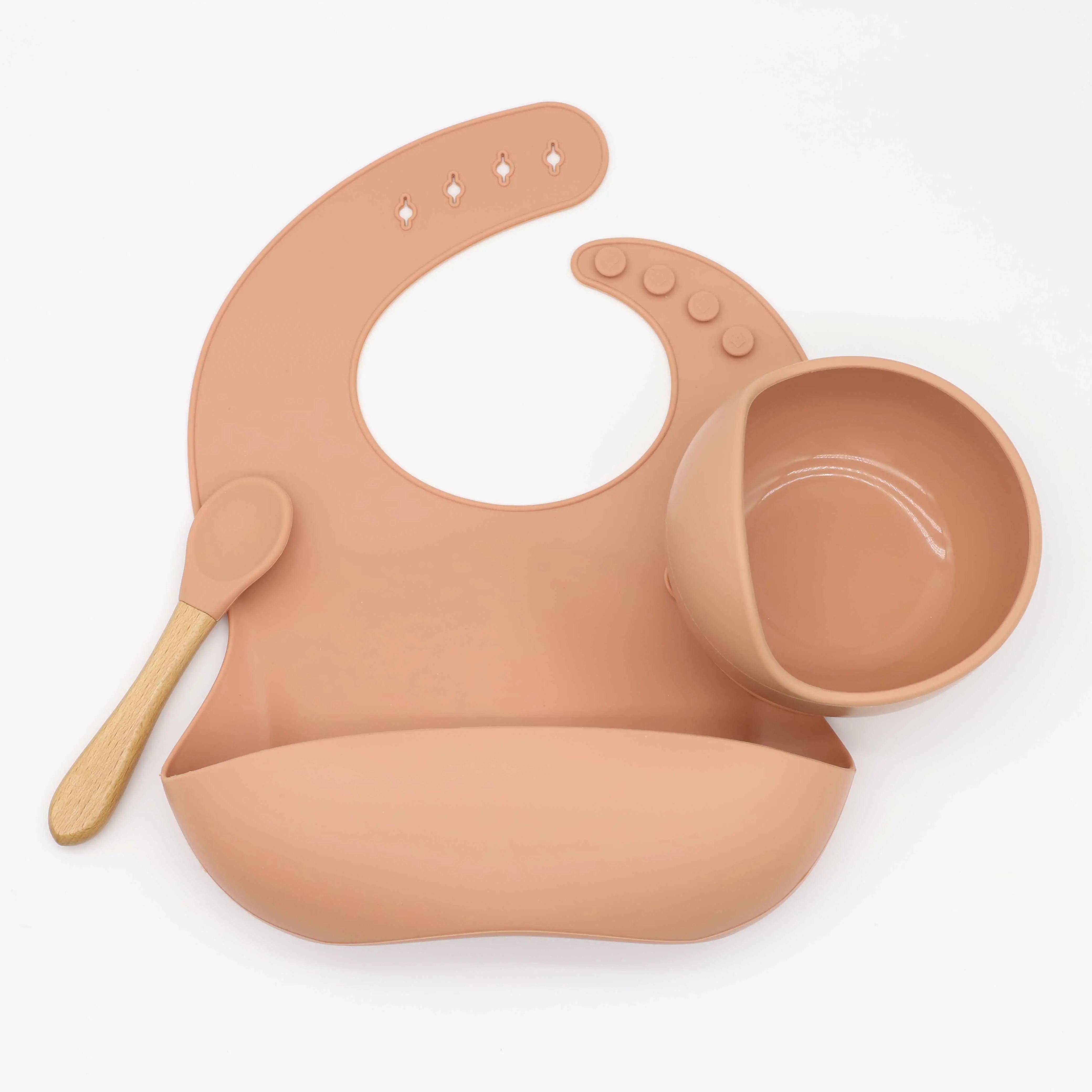 BPa free non toxic baby supplies waterproof washable wholesale baby feeding silicone bib suction bowl set soft spoon