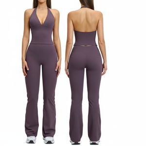 Nuevo conjunto de yoga y fitness: top halter sin mangas con cuello en V profundo y acolchado, camiseta deportiva, pantalones acampanados para <span class=keywords><strong>gimnasio</strong></span> y entrenamiento. - Product Image 1