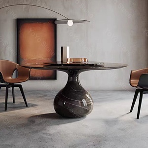 Natural <strong>White</strong> Black Marble <strong>Round</strong> <strong>Dining</strong> 6 Seater <strong>Table</strong> With Rotating <strong>Table</strong> Solid Water Drop Base for Home Hotel Villa - Product Image 2