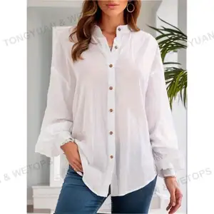 Produsen pakaian kustom penjualan paling laris pakaian wanita blus kasual kemeja katun dan Linen lengan panjang putih untuk wanita