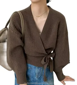 Custom Fall Bow V-Neck Knitted Women's Short High Waist Cardigan Sweater Tunic Layered Design Top