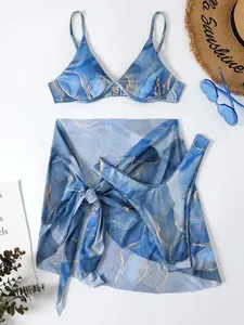 Women 3 Pieces <strong>Swimsuit</strong> Tie-dye Print Halter Backless Micro Bikini Set+Mesh Skirt Cover-Up Swimwear Undewire Padded Bathing Suit - Product Image 2