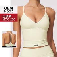Soutien-gorge de sport long pour femme FBX9615, doux et brossé, à col halter en V, avec bordure contrastante, dos en Y et fines bretelles spaghetti, coupe ajustée, pour le yoga et l'entraînement