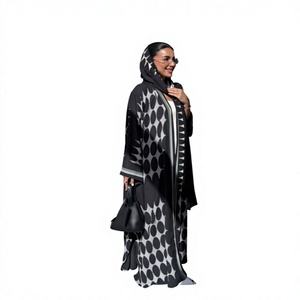 Black <b>White</b> Dot Print Abaya Women Muslim Open Kimono Floor Length Loose Maxi <b>Dress</b> for Eid Ramadan Prayer - Product Image 3