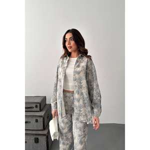 Ensemble veste et pantalon en lin à imprimé léopard gris pour femmes, collection de costumes en gros - Product Image 4