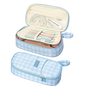 Grande trousse à crayons colorée mignonne, pochette à stylos avec fermeture éclair, organisateur de rangement pour fournitures scolaires, à carreaux bleus, 9x4.5x2.5 pouces - Product Image 1