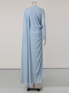 Robe longue élégante style rétro en satin, plissée, ajustée, anti-plis, col en V, avec anneau métallique, nouvelle collection 2026, couleur unie - Product Image 4
