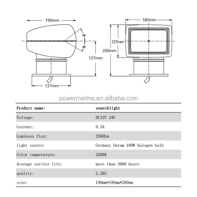 Power Marine Waterproof 12V/24V Wireless Remote Control Marine Searchlight for Boats and Yachts