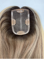 Perruque de luxe de 16 pouces, mèches blondes et brunes mélangées, cheveux européens Remy, petites extensions à clipser, mini perruque frontale en dentelle, topper monofilament pour femme