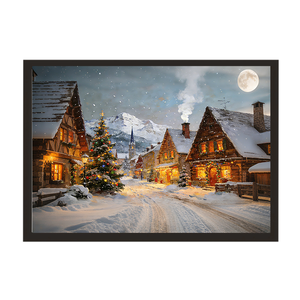 Cuadro de Pueblo Navideño Enmarcado, Pintura al Óleo sobre Lienzo, Arte de Pared con Marco de Madera Negra, Impresión de Cabaña Rústica, Decoración para el Hogar - Product Image 1