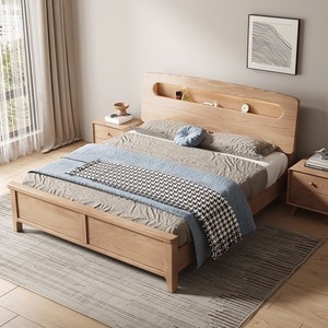 Lit double en bois massif de bouleau nordique 1,8 m avec tête de lit éclairée pour chambre à coucher - Product Image 2