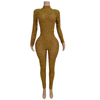 Combinaison moulante à manches longues et strass pour femme grande taille, idéale pour club, chanteuse, danseuse, spectacle, tenue de festival