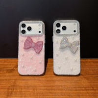 Coque de téléphone antichoc IMD en TPU+PC avec nœud perlé et diamants étincelants pour iPhone 17 16 15 14 13 Pro Max, style mignon et féminin