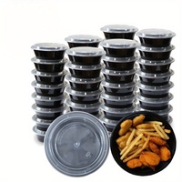 Vente en gros de bols ronds jetables en plastique noir micro-ondables avec couvercles épais et portables pour le stockage de salade de snack de restauration rapide