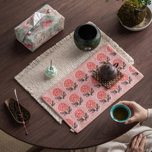 Hand Embroidered Rose Tea Mat Vintage Zen Style Waterproof Heat Insulating <b>Table</b> <b>Runner</b> For Tea Ceremony Accessories Dehua - Product Image 3