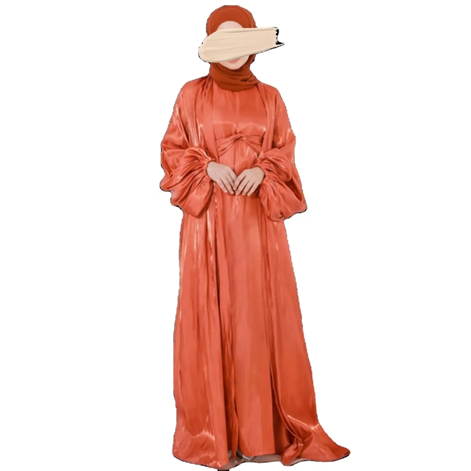 SIPO New Style Klassische elegante muslimische Kleidung Cardigan Schal Design Orange Puff Ärmel Abaya Satin Abayas für Frauen