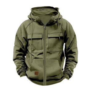 Nuovo autunno e inverno felpa in tinta unita con cappuccio da uomo felpa sportiva giovanile europea e americana Multi-tascabile in pelle Jac - Product Image 4