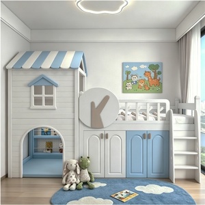 JS Blaues Holzhaus-förmiges Komfortables Langlebiges Kinderbett mit Stauraum Maßgefertigtes Hochbett für Kinder Eltern-Kind-Stil Hotels - Product Image 2