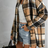 Olive Brown Plaid Shirt Jacket for Women - Casual Long Sleeve Button Down Lapel Coat - Loose Fit Outerwear for Fall & Winter - Product Image 5