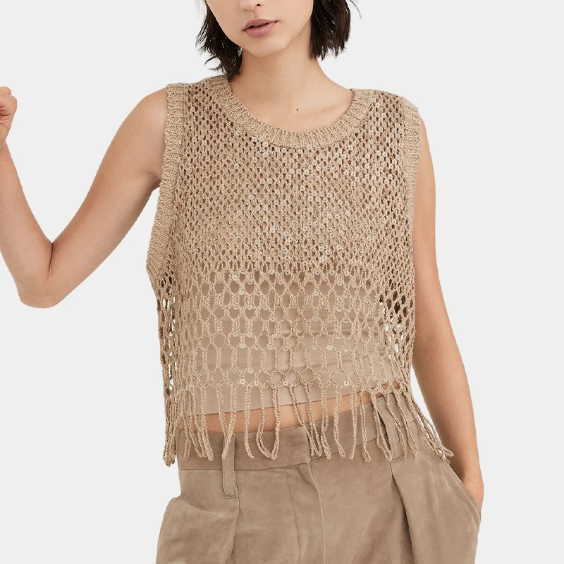 Linen and silk summer hollow tassel sweater pullover sequined tshirt resort beach wear crochet vest