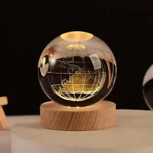 Solar System Planetary Laser 3D Interior Carved Nightlight Crystal Ball With Wood-based LED Nightlight