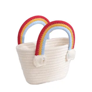 Hot Sale Premium Woven Cotton Rope Basket Cotton Rope Handbag com alças do arco-íris